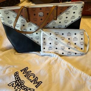 MCM Chevron Zip Top Shopper Tote with Wristlet